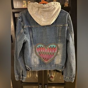 One of a kind- Upcycled Denim jacket with removable hood. Size Small